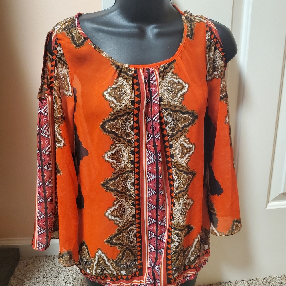 New York & Company Aztec Sheer Cold Shoulder Top